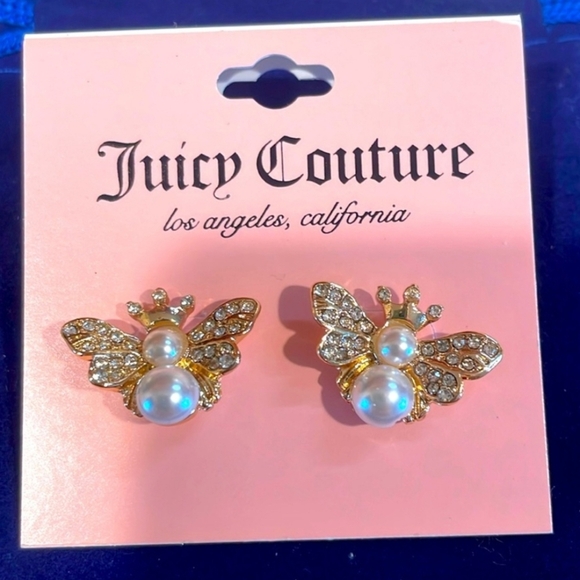 Juicy Couture Goldtone White Pearl Bead Butterfly Button Stud Earrings NWT - Picture 1 of 4